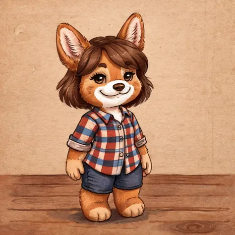 a anthropomorphic lapinkoira, female dog, she has brown hair, she's dressed with a lumberjack shirt, closed smile, chibi style, ...