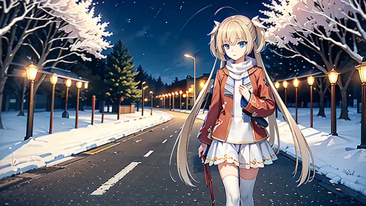 ((masterpiece)),(best quality),Official Art,Extremely detailed CG,Unity 8K wallpaper,Very detailed,Beautiful and delicate eyes,Extremely detailed face,1 girl,solitary,,(whole body:1.5),(small:1.3),，winter，Frost Circle，Light up the lights，Wish you a Happy N...