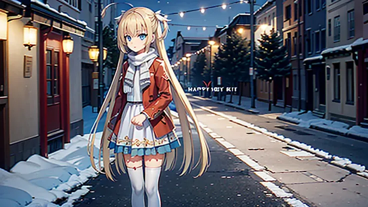 ((masterpiece)),(best quality),Official Art,Extremely detailed CG,Unity 8K wallpaper,Very detailed,Beautiful and delicate eyes,Extremely detailed face,1 girl,solitary,,(whole body:1.5),(small:1.3),，winter，Frost Circle，Light up the lights，Wish you a Happy N...