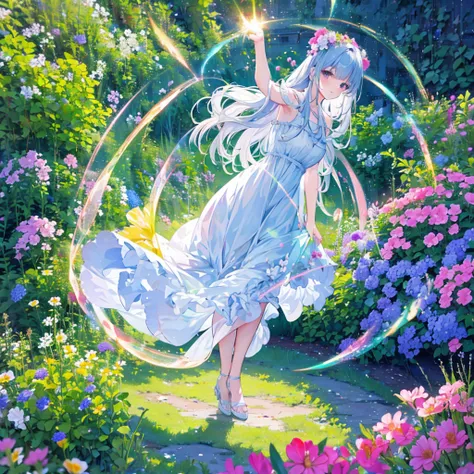 In the garden full of flowers, A luz solar, in floral dresses is dancing, (((hair in circular motion, dress in circular motion)))
