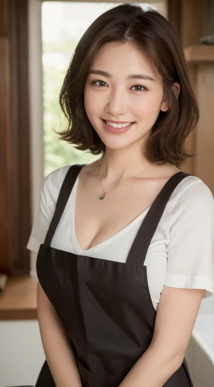 (Highest quality, 8K, masterpiece: 1.3), Beautiful woman with perfect figure: 1.4, Dark brown hair, Wearing a pendant, Wearing an apron, In the kitchen, Highly detailed face and skin, Fine grain, double eyelid, Big Breasts, smile