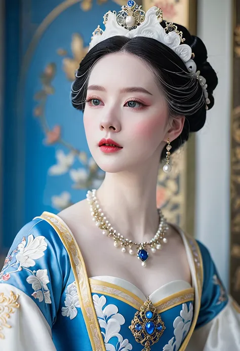 a close up of a woman wearing a blue dress and a necklace, rococo queen, pale porcelain white skin, porcelain pale skin, a beautiful fantasy empress, pale snow white skin, porcelain white skin, palace ， a girl in hanfu, ((a beautiful fantasy empress)), bal...