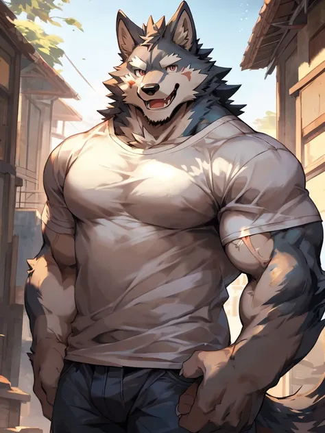 (2d cel anime:1.5),half body shot,looking at viewer, (best quality:1.3), (masterpiece:1.3), (ultra detailed:1.5),(detailed eyes),sharp focus,japanese anime,manga,(droopy eyes),(anthro male:1.3),(wolf:1.2),smile,open mouth,huge muscular,(beefy:1.2),(big fel...