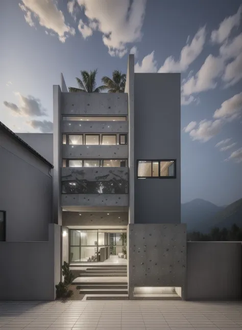 architectural concrete_finish, modern house, fair-face concrete, concrete, street view, in the mountains, daylight, cars, (masterpiece) 