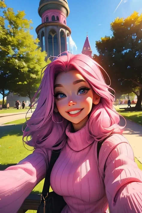 Perfect face, Perfect hands. A pink haired woman with violet eyes and an hourglass figure in a pink sweater and jeans is taking a selfie in the park with a big smile