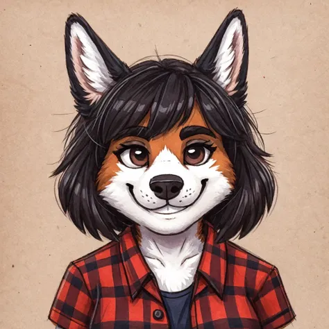 headshot of a anthropomorphic black and white lapinkoira, female dog, she has dark hair, she's dressed with a lumberjack shirt, ...