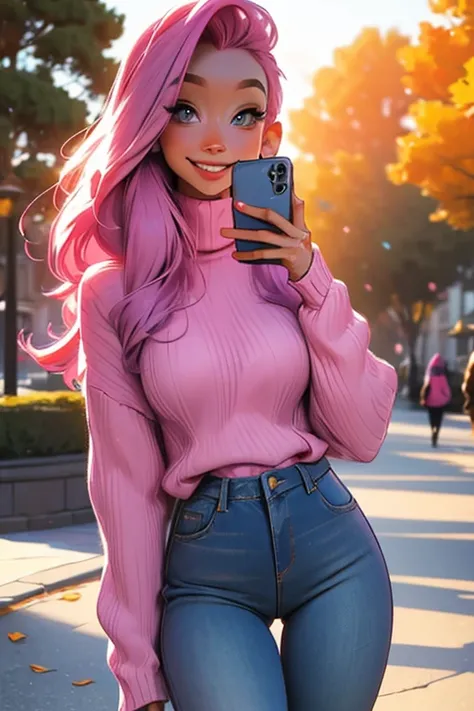 Perfect face, Perfect hands. A pink haired woman with violet eyes and an hourglass figure in a pink sweater and jeans is taking a selfie in the park with a big smile