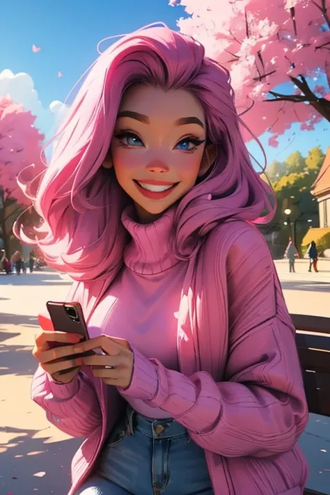 Perfect face, Perfect hands. A pink haired woman with violet eyes and an hourglass figure in a pink sweater and jeans is taking a selfie in the park with a big smile