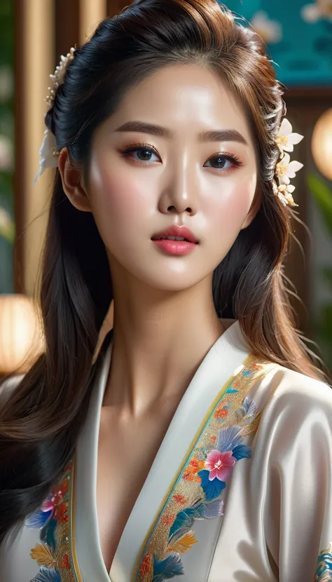 a beautiful korean idol, detailed realistic portrait, flawless skin, mesmerizing eyes, lush lips, elegant hairstyle, gorgeous fa...