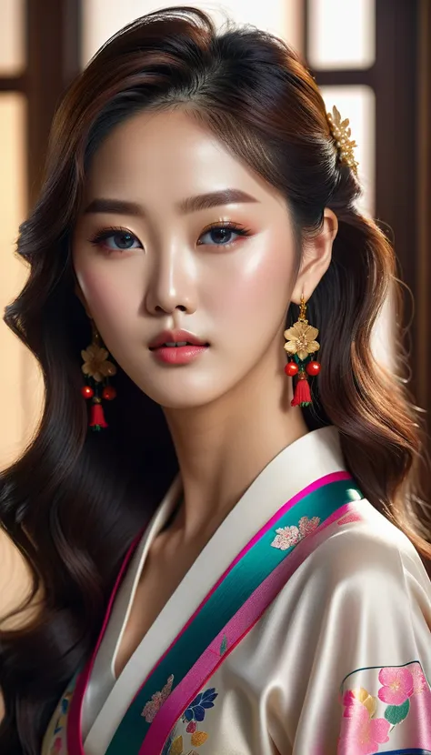 a beautiful korean idol, detailed realistic portrait, flawless skin, mesmerizing eyes, lush lips, elegant hairstyle, gorgeous fa...