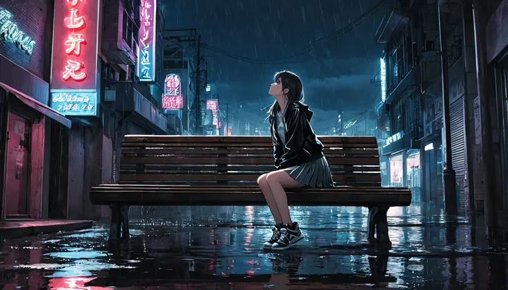 High definition photos. The sky is dark and full of dark clouds. A city full of neon signs on a dark night. There is standing water on the city streets. An 18-year-old girl sits forlornly on her bench. The girl looks at the sky with her face lifted and her...