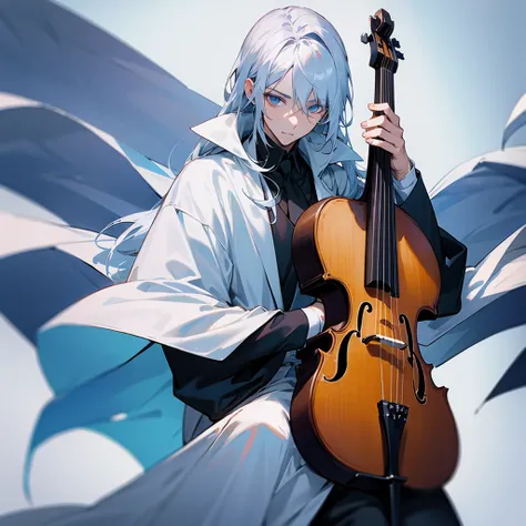 a handsome man with silver hair, blue eyes, White skin, Dress elegantly, With velvet cloaks and lace shirts playing the violin, while a beautiful woman sits watching him with hazel eyes, black hair, White skin, elegant blue silk dress