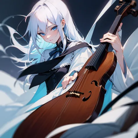 a handsome man with silver hair, blue eyes, White skin, Dress elegantly, With velvet cloaks and lace shirts playing the violin, while a beautiful woman sits watching him with hazel eyes, black hair, White skin, elegant blue silk dress