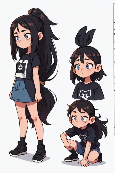 brunette girl, the ends of her hair are dyed blue, indigo eyes in an oversized T-shirt with black stripes in a knee-length gray skirt with headphones with ears,standing pose, character sheet, different angles