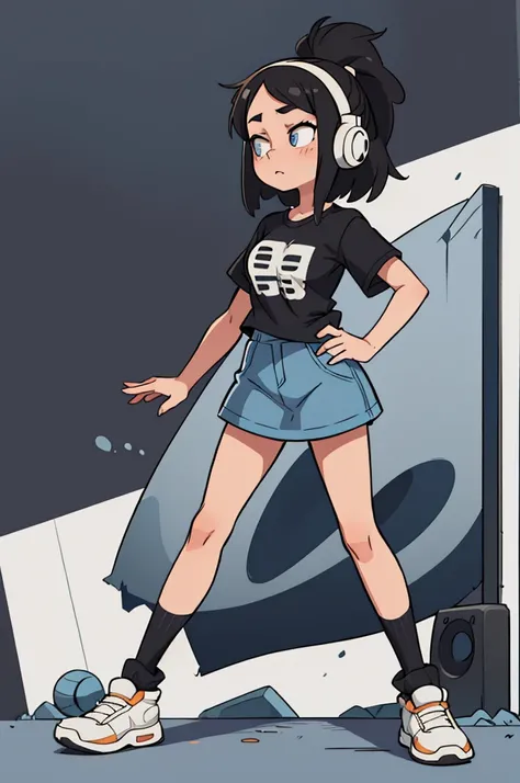 brunette girl, the ends of her hair are dyed blue, indigo eyes in an oversized T-shirt with black stripes in a knee-length gray skirt with headphones with ears,standing pose, character sheet, different angles