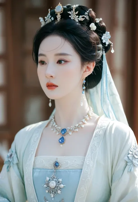 a close up of a woman wearing a blue dress and a necklace, rococo queen, pale porcelain white skin, porcelain pale skin, a beautiful fantasy empress, pale snow white skin, porcelain white skin, palace ， a girl in hanfu, ((a beautiful fantasy empress)), bal...