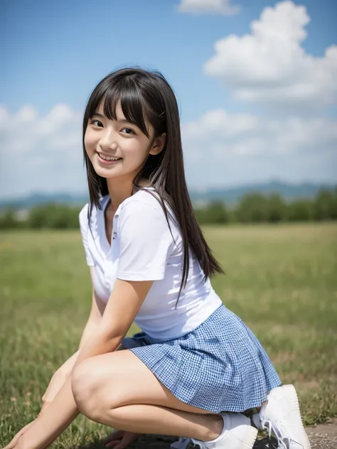 8K,masterpiece,Japanese,14-year-old girl,from the front,smile,cute,Innocent face,Innocent,Kind eyes,Childish,Plain T-shirt,Short sleeve,Blue checked short skirt,semi-long,Hair blowing in the wind,Black Hair,Somewhat strong wind,noon,bright,Sitting、M-shaped...