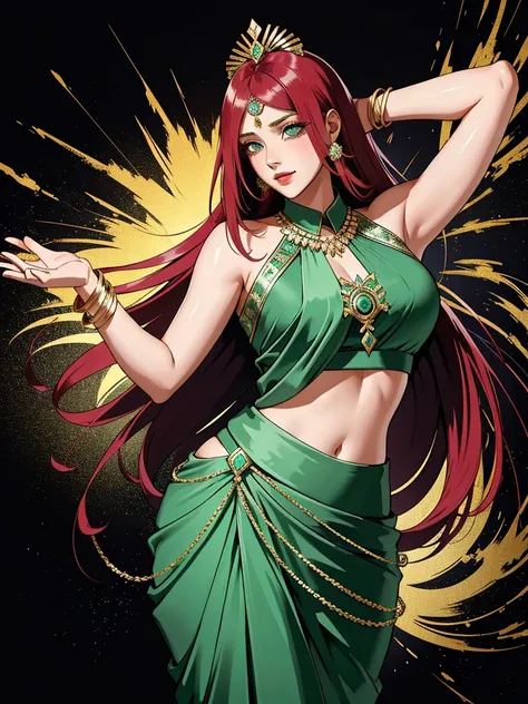 Uzumaki_kushina, lots of jewellery, black silk blouse and light green saree, amazing makeup, beautiful face, kind eyes, intricate dance, traditional look and dance, gigantic breasts, medium thigh, medium ass