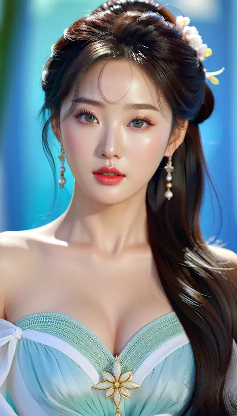 a beautiful korean idol, detailed realistic portrait, flawless skin, mesmerizing eyes, lush lips, elegant hairstyle, gorgeous facial features, natural lighting, photorealistic, cinematic composition, vibrant colors, sharp details, 8k, high resolution, mast...