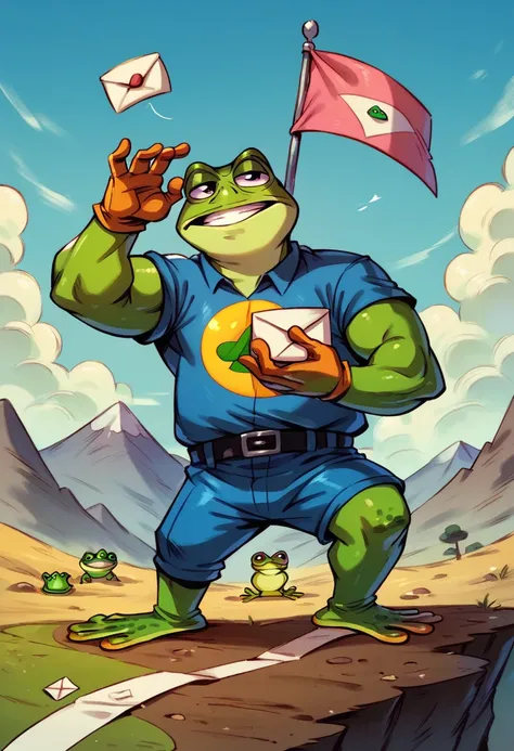 A mountain, (((pepe_frog))), a flag of Monad, purple pepe frog, hero, letter M on its clothes, 1 boy 