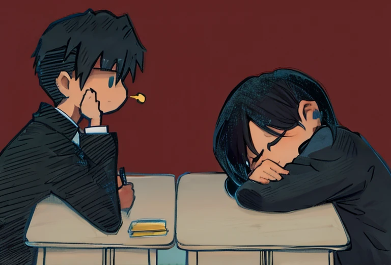 A boy, black hair, black jacket, looking at a sleeping girl, black hair, wearing a sweater, on the table, empty classroom, chibi
