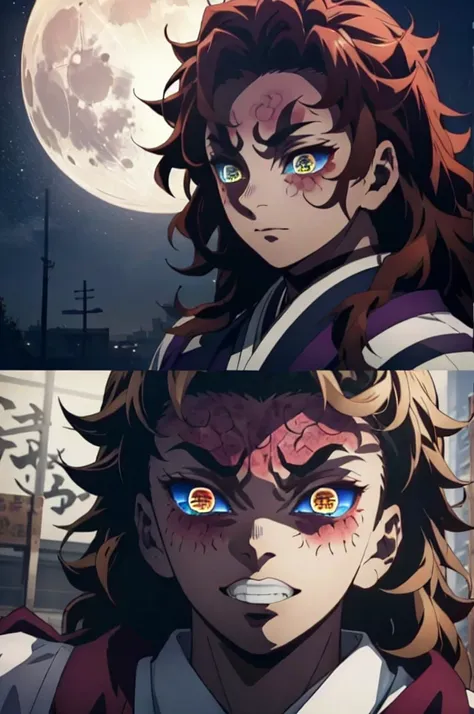 Realistic, (masterpiece, top quality, best quality, official art), very detailed, most detailed, long golden hair, (glowing blue eyes), white skin tone, like a vampire, mysterious, (magic), sexy man, demon, blood, oni, Kimetsu no Yaiba, eyes with upper moo...