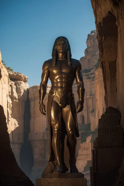 stone arafed statue of a man standing in a narrow cave, stone eyes, cinematography by denis villeneuve, sphinx in the distance, union (2012), stillage from a music video, secret society of the emperor, by youssef howayek, detailed terrain texture, shot in ...