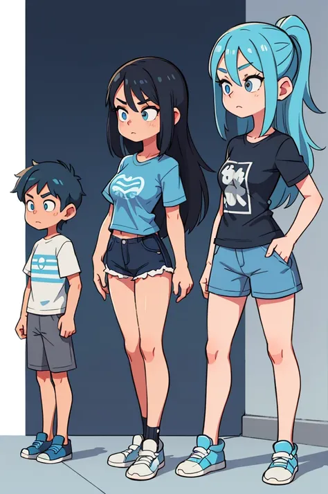 young woman,with blue hair,oversized T-shirts gray with blue stripes,in gray shorts,in black stockings,with blue eyes,standing pose, character sheet, different angles