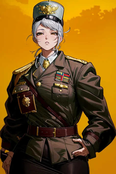 (1girl:1.3), (exceptional, best aesthetic, new, newest, best quality, anime, waifu:1.2), master piece, best quality, ultra detailed, absurdres, highres, colored, good anatomy, grey hair, woman breast, sexy, kaki color military uniform, kaki color kepi peak...