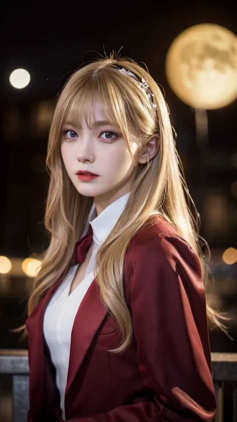 masterpiece, Highest quality, (Focus Only), (Perfect Face:1.1), (High detail:1.1), (Ultra-detailed eyes), dramatic, 1 person, (Pale skin), Long blonde hair, (Red Iris), Focus on the individual, vampire, Long Hair, moon, night, Red luxury suit, Pouting, cit...