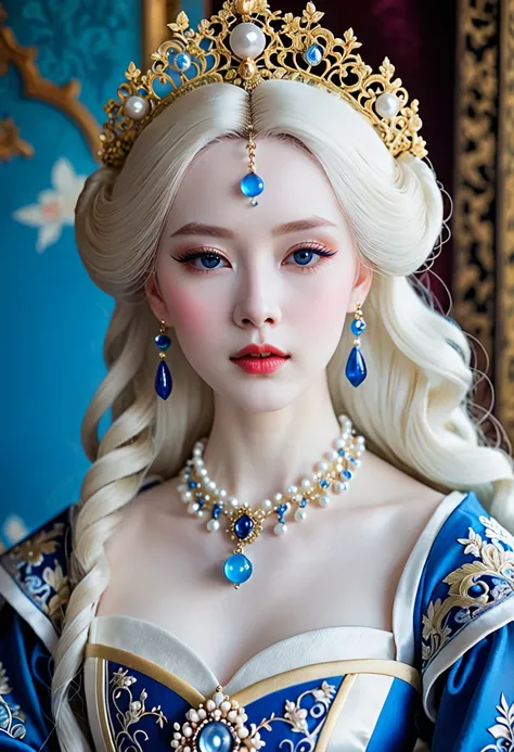 a close up of a woman wearing a blue dress and a necklace, rococo queen, pale porcelain white skin, porcelain pale skin, a beautiful fantasy empress, pale snow white skin, porcelain white skin, palace ， a girl in hanfu, ((a beautiful fantasy empress)), bal...