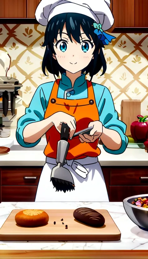 Anime girl in a chef&#39;s hat prepares bread in the kitchen、Prepare ingredients on the cutting board, cooking, wallpaper!, Anime Food, Official Art, In the kitchen, cooking show, Inspired by Tsuruko Yamazaki, change, Anime style figure, In the kitchen, De...