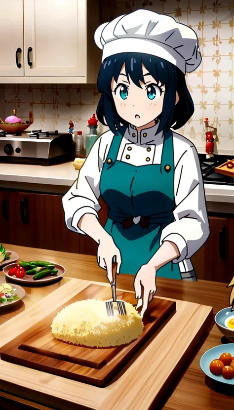 Anime girl in a chef&#39;s hat prepares bread in the kitchen、Prepare ingredients on the cutting board, cooking, wallpaper!, Anime Food, Official Art, In the kitchen, cooking show, Inspired by Tsuruko Yamazaki, change, Anime style figure, In the kitchen, De...