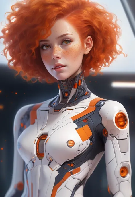 best quality, masterpiece, detailed background, digital painting, science fiction, starship interior, freckles, 1girl, woman, (bodysuit:1.2), short hair, orange hair, curly hair, (freckles:1.7), smirk, (skin tight:1.2), plugsuit, undercut, 