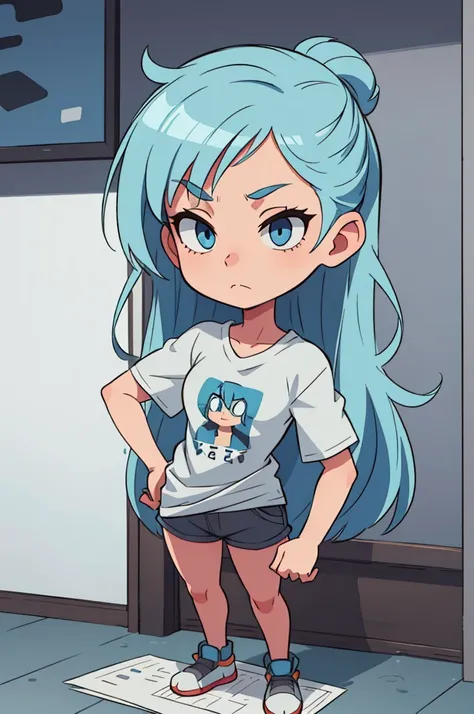 1 girl,with blue hair,oversized T-shirt gray,in gray shorts,with blue eyes,standing pose, character sheet, different angles