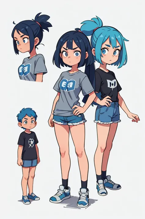 1 girl,with blue hair,oversized T-shirt gray,in gray shorts,with blue eyes,standing pose, character sheet, different angles