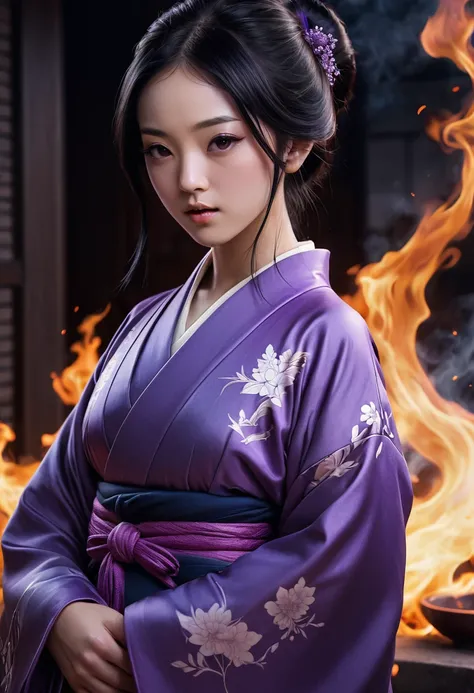 A beautiful princess from ancient Japan、Black Hair、Purple kimono、Surrounded by purple gas and flames、With a seductive, dark and calm color scheme、Cold and bluish、Meticulously graded in ACES color space、It has an eerie color tone like a movie.。As for compos...