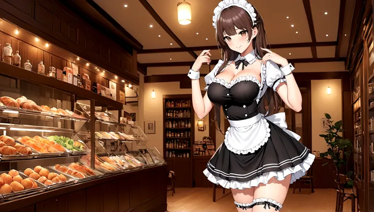 at night、shop、One 16-year-old girl、Supporting big breasts with your hands、With seductive garter、Cute maid outfit、Standing posture、