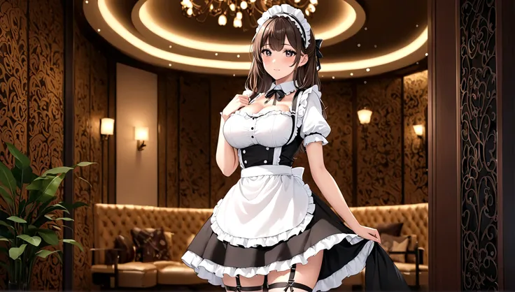 at night、shop、One 16-year-old girl、Supporting big breasts with your hands、With seductive garter、Cute maid outfit、Standing posture、