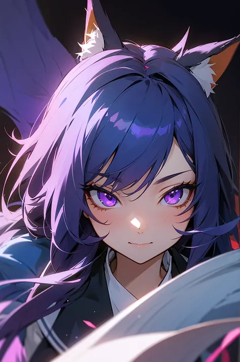 Female kitsune, long dark blue hair, purple eyes, fox ears downcast, playful look, portrait, school clothes 