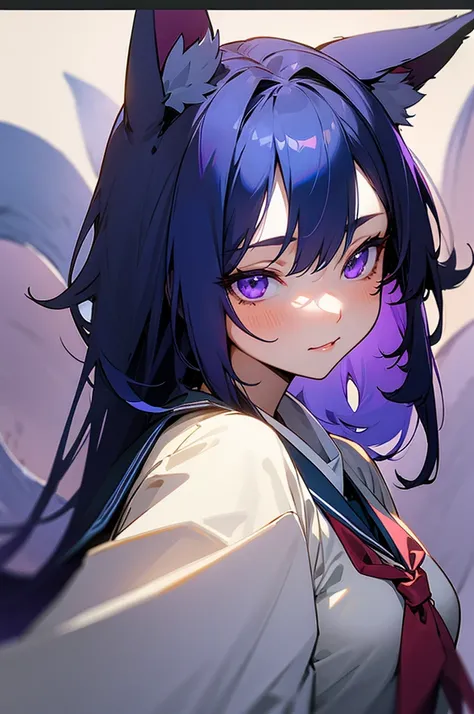 Female kitsune, long dark blue hair, purple eyes, fox ears downcast, playful look, portrait, school clothes 