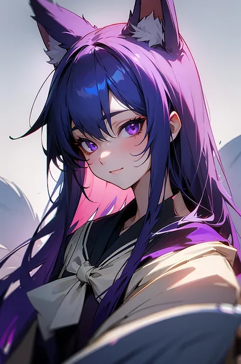 Female kitsune, long dark blue hair, purple eyes, fox ears downcast, playful look, portrait, school clothes 