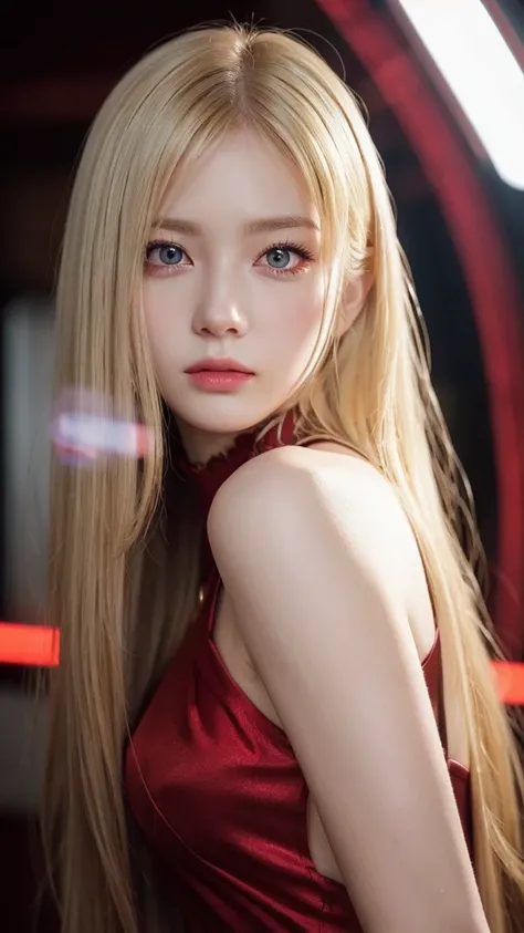 masterpiece, Highest quality, (Focus Only), (Perfect Face:1.1), (High detail:1.1), (Ultra-detailed eyes), dramatic, 1 person, (Pale skin), Long blonde hair, (Red Iris), Focus on the individual, Long Hair, Pouting, 、Detailed Background, Art by artgerm, Cine...