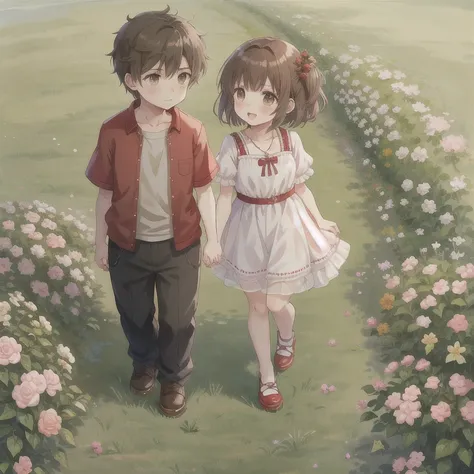 2 characters., identical boy and girl (15 years) in identical summer dresses they walk holding hands, medium length shaggy brown hair, Brown eyes 