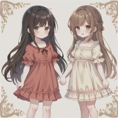 2 characters., identical boy and girl (15 years) in identical summer dresses they walk holding hands, medium length shaggy brown hair, Brown eyes 