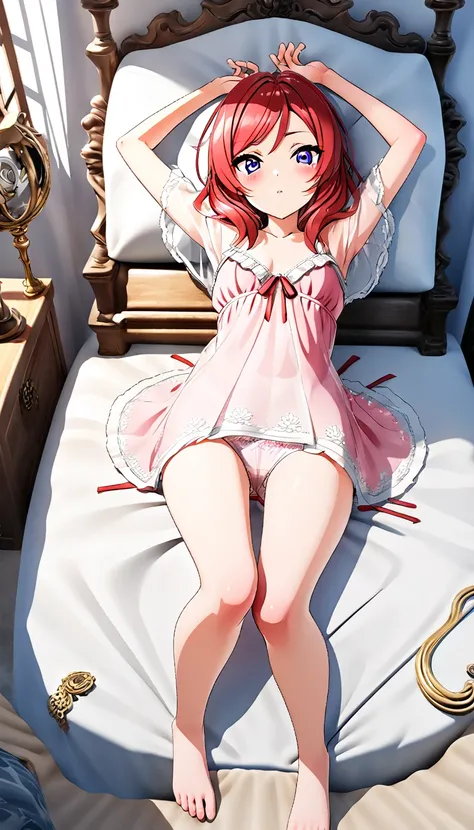 One girl, Nishikino Maki, nightgown with see-through underwear, posing on bed, BREAK (masterpiece, best quality, high resolution, super detailed, (super detailed skin: 1.3), (super detailed hair: 1.3), (perfect anatomy: 1.5), (perfect anatomy: 1.5), (beaut...