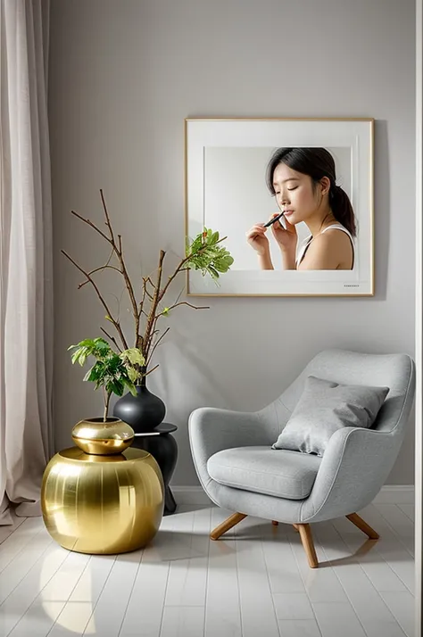 1 phòng ngủ, phong ngủ , phong cách hiện đại, 1 giường, tường trắng, sàn đá marble,1 dressing table, 1 circle poster on the wall :1.2, white fur rug 