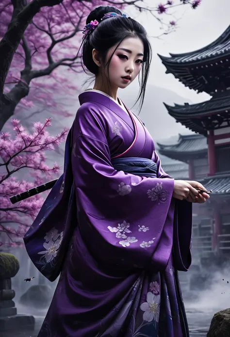 In a horror setting、Japanese monsters、Breathtakingly realistic artwork。A beautiful princess from ancient Japan、Black Hair、Purple kimono、Surrounded by purple gas and mist、With a seductive, dark and calm color scheme、Cold and bluish、Meticulously graded in AC...