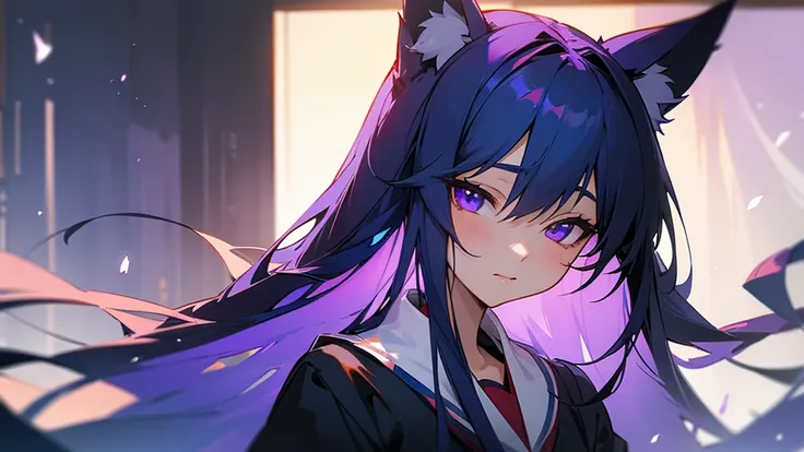 Female kitsune, long dark blue hair, purple eyes, fox ears downcast, gentle look, portrait, school clothes 