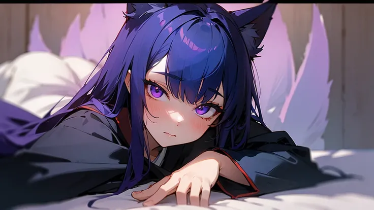 Female kitsune, long dark blue hair, purple eyes, fox ears downcast, gentle look, portrait, school clothes 